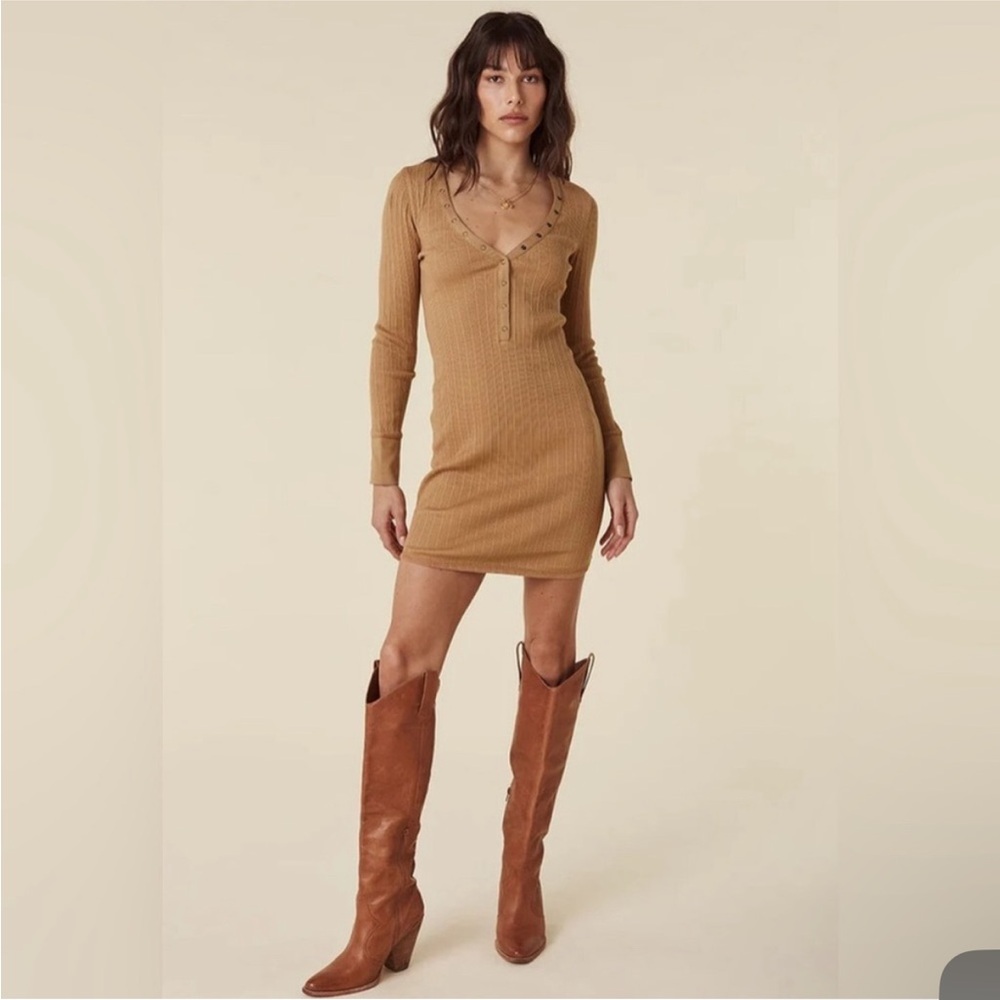 Spell Designs Stella Ribbed Knit Long Sleeve mini Dress in Mocha